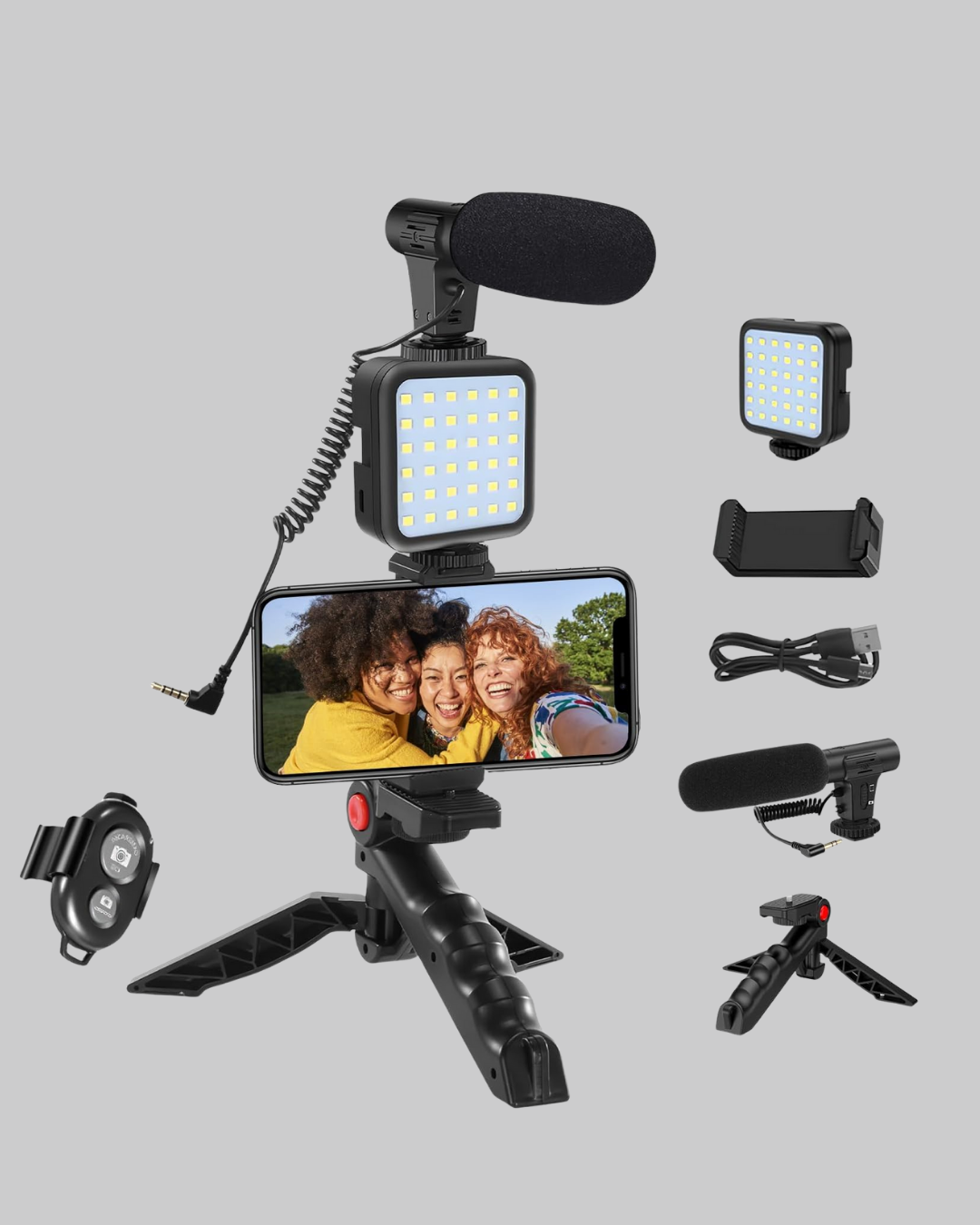 Telefon Video Çekim Kiti LED Aydınlatma Mikrofon Tripodlu Tam Set
