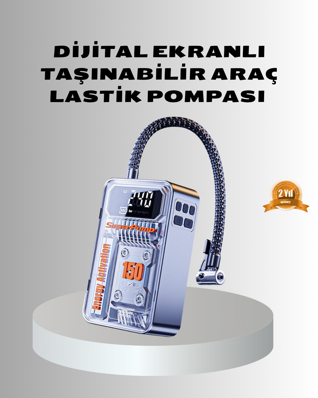 Şarjlı Kablosuz Hava Pompası – 150 PSI Basınç, LED Ekran ve 6000mAh Batarya