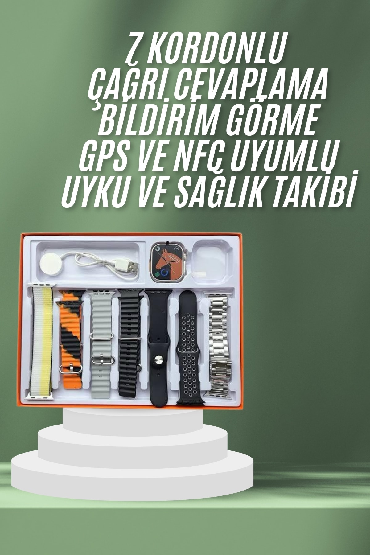 2.05 İnç IPS Ekranlı Akıllı Saat Sağlık Takip ve Spor Modları 7 Kordonlu