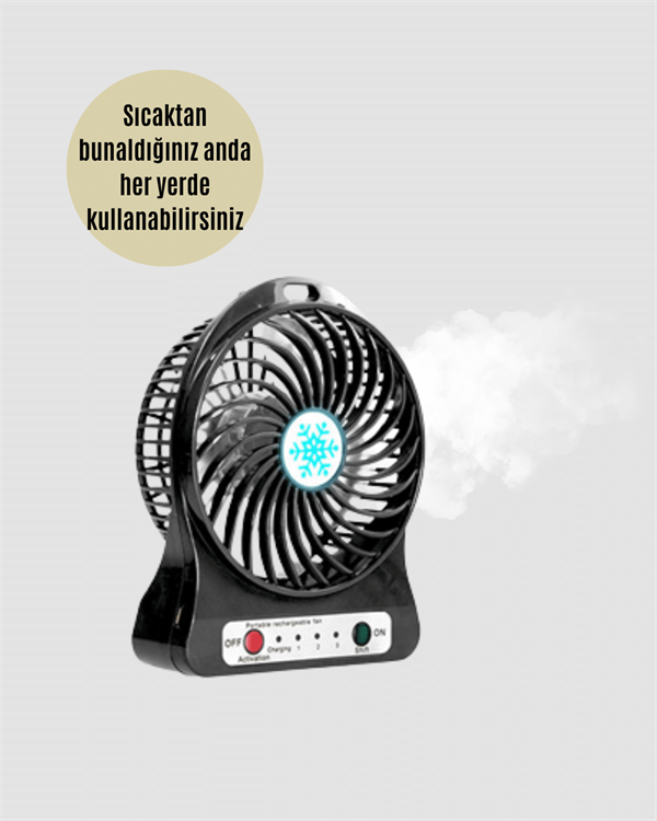 Şarjlı USB Fan – Masaüstü Mini Vantilatör, Taşınabilir, Işıklı, 3 Kademeli, Sessiz