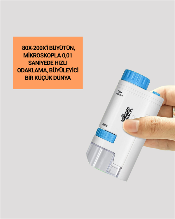 LED Aydınlatmalı 80–200 Kat Büyütmeli Cep Mikroskop