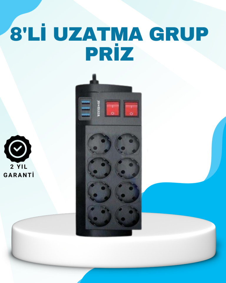 Isıya Dayanıklı Termal Akım Korumalı 8'li Priz ve 3 USB Girişli Uzatma Kablosu