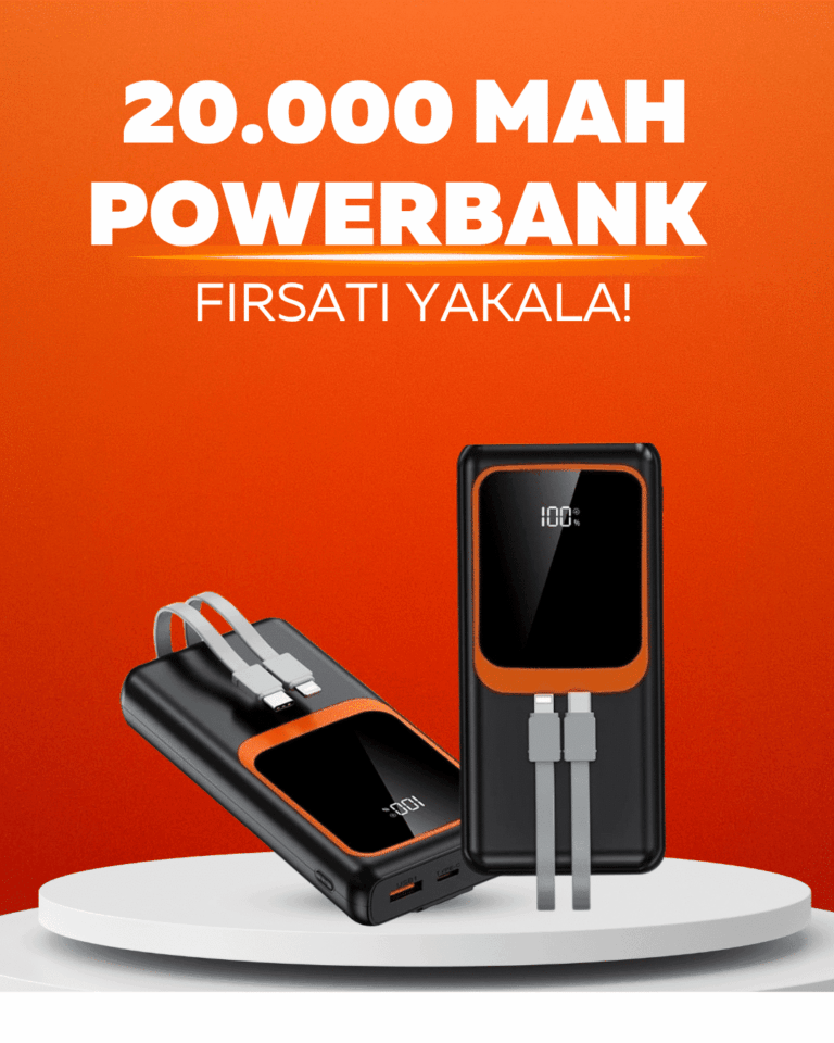 20.000 mAh Powerbank – 22.5W Hızlı Şarj, Çok Kablolu, Dijital Göstergeli
