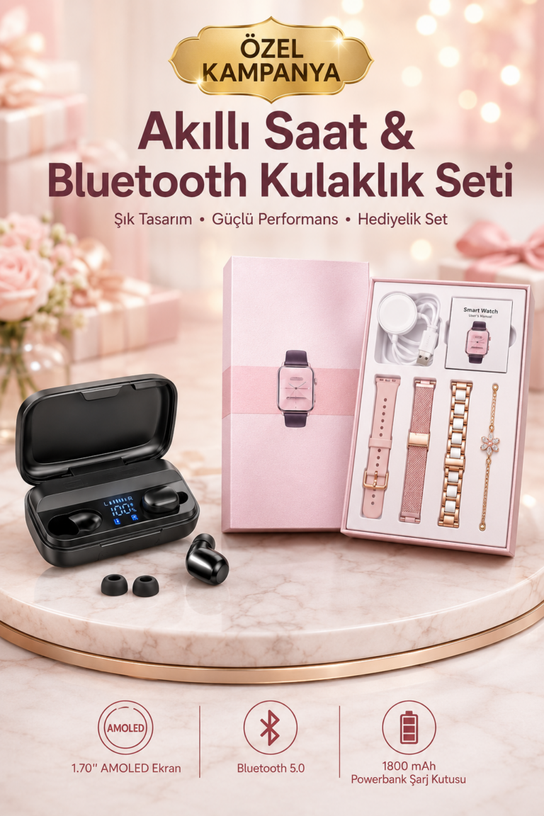 Wireless Şarjlı Pembe Akıllı Saat ve Kablosuz Bluetooth Kulaklık Dokunmatik Kontrol