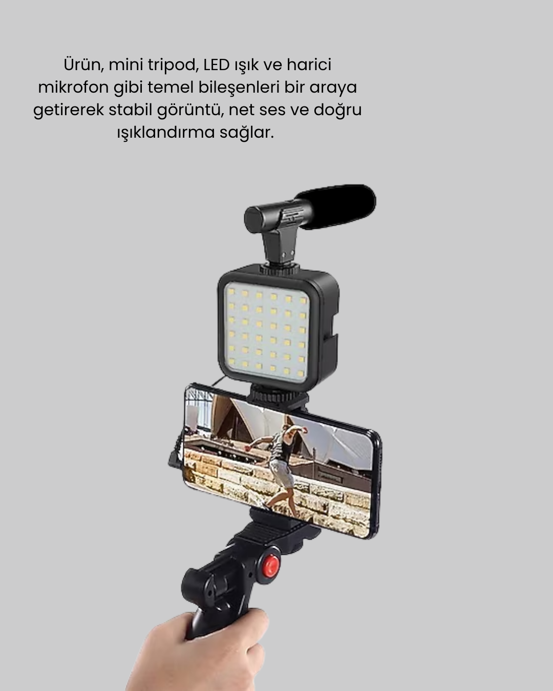Telefon Video Çekim Kiti LED Aydınlatma Mikrofon Tripodlu Tam Set