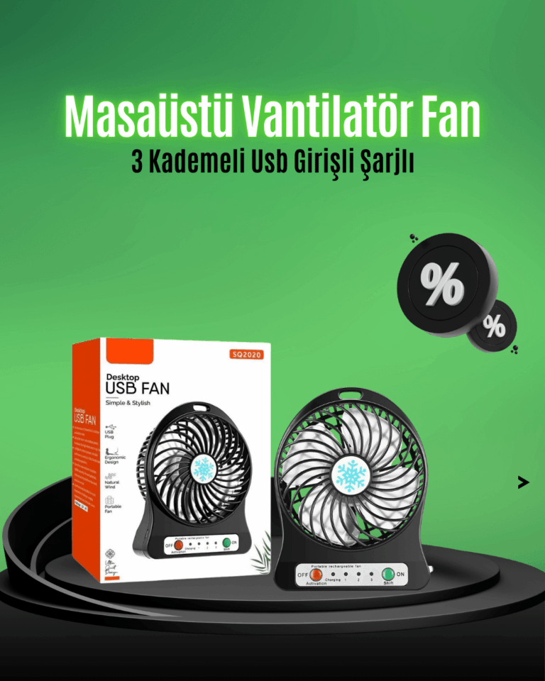 Mini USB Fan – Şarj Edilebilir, Işıklı, 3 Kademe, Taşınabilir Masaüstü Vantilatör