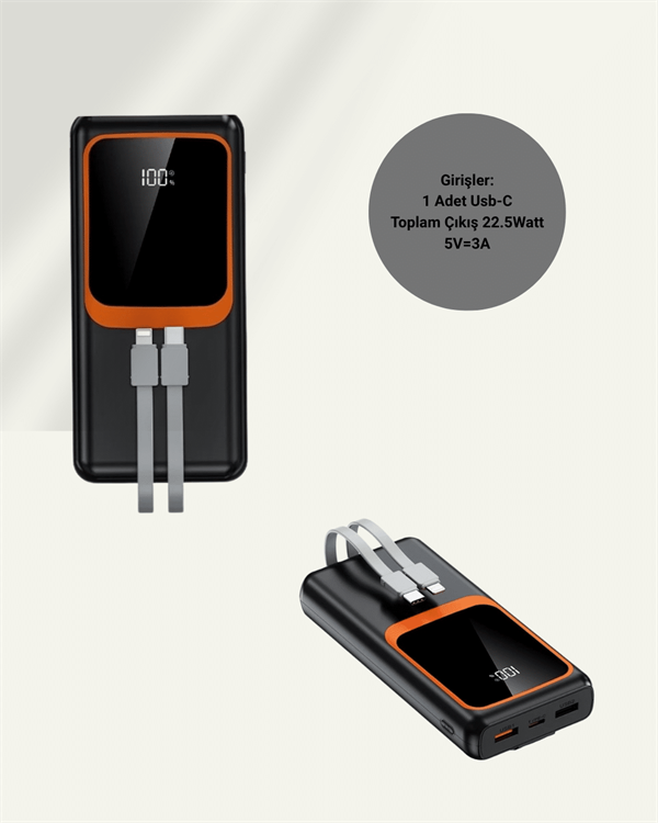 Powerbank 20000 mAh | 22.5W Hızlı Şarj, Dahili Kablolu, LCD Ekranlı Şarj Cihazı