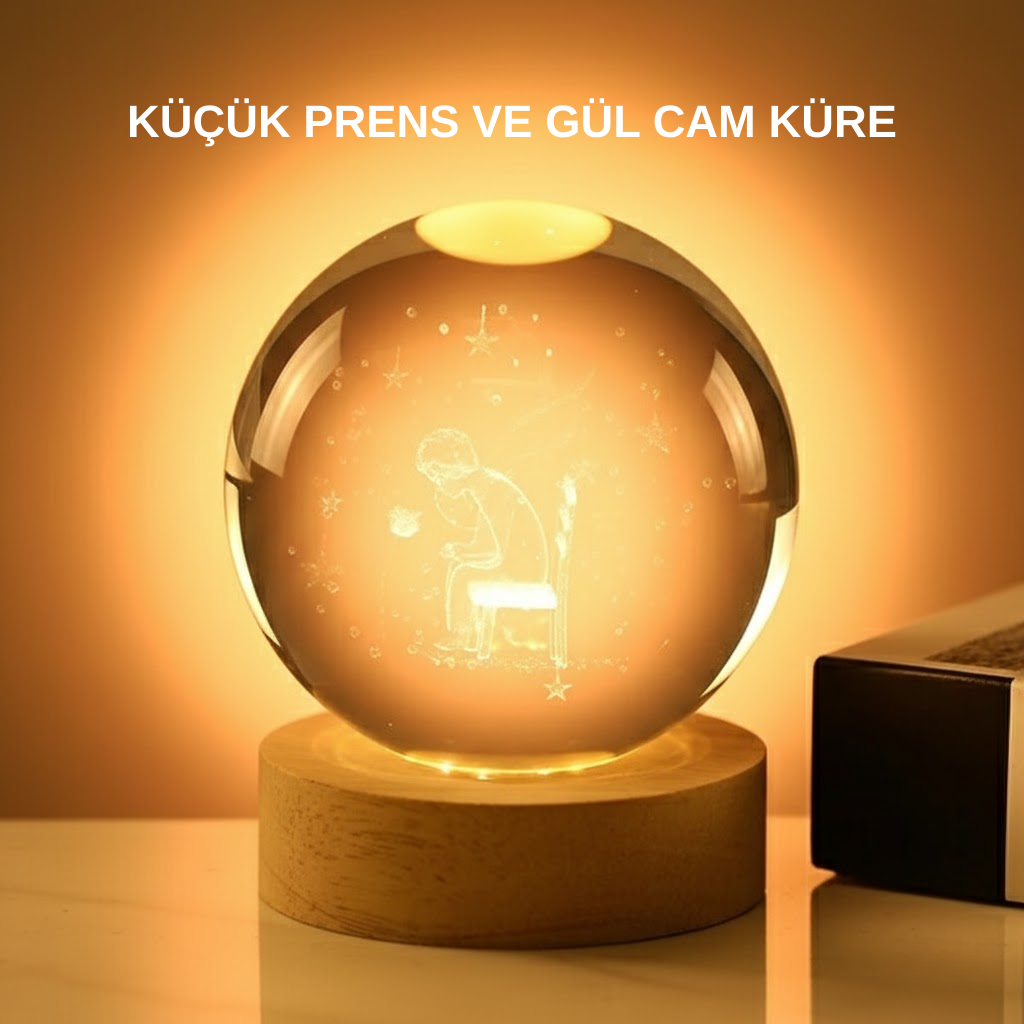 8 cm Küçük Prens Cam Küre USB Işıklı Ahşap Tabanlı Dekor