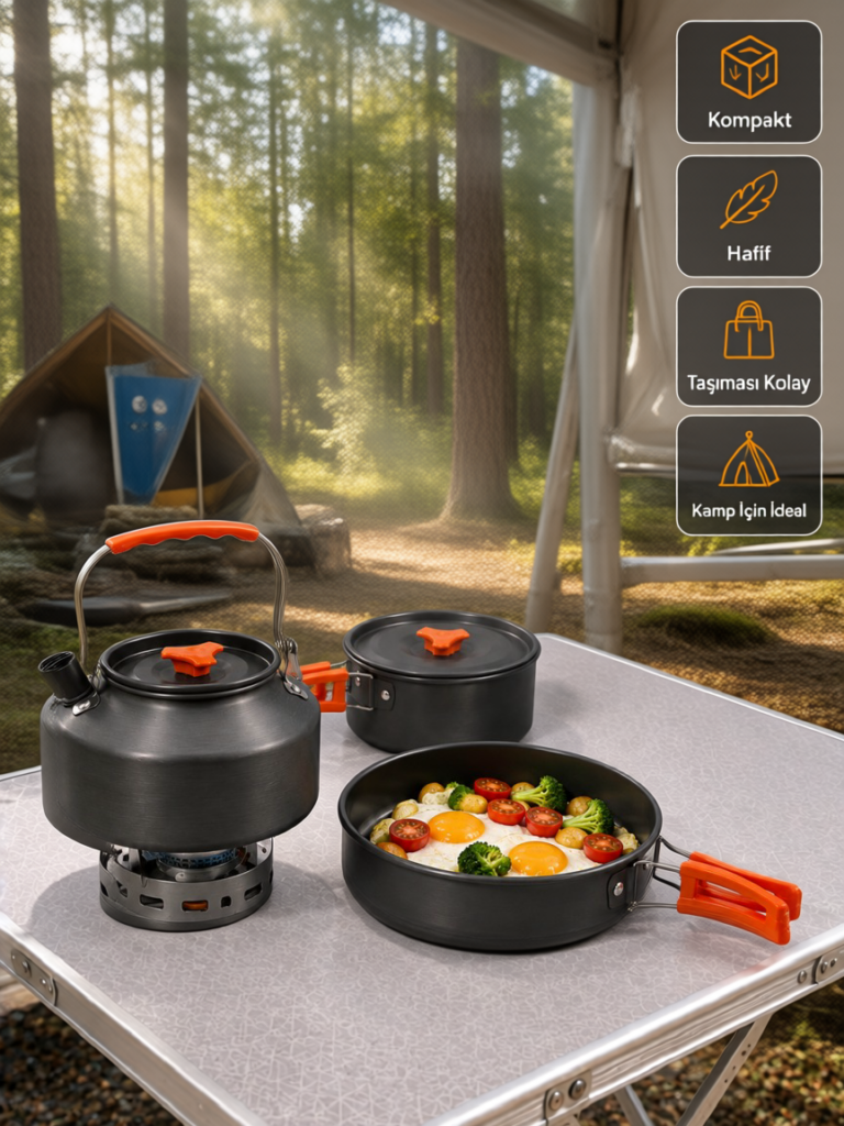 Alüminyum Kamp Pişirme Seti Katlanabilir Kulplu Çaydanlık Tencere Tava Outdoor Yemek Seti