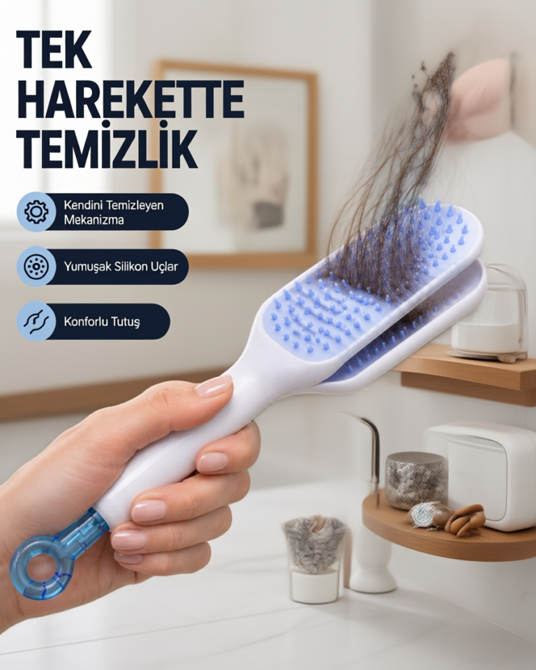 Kendi Kendini Temizleyen Saç Tarağı – Anti-Statik, Silikon Uçlu, ABS Malzeme, 22x4 cm
