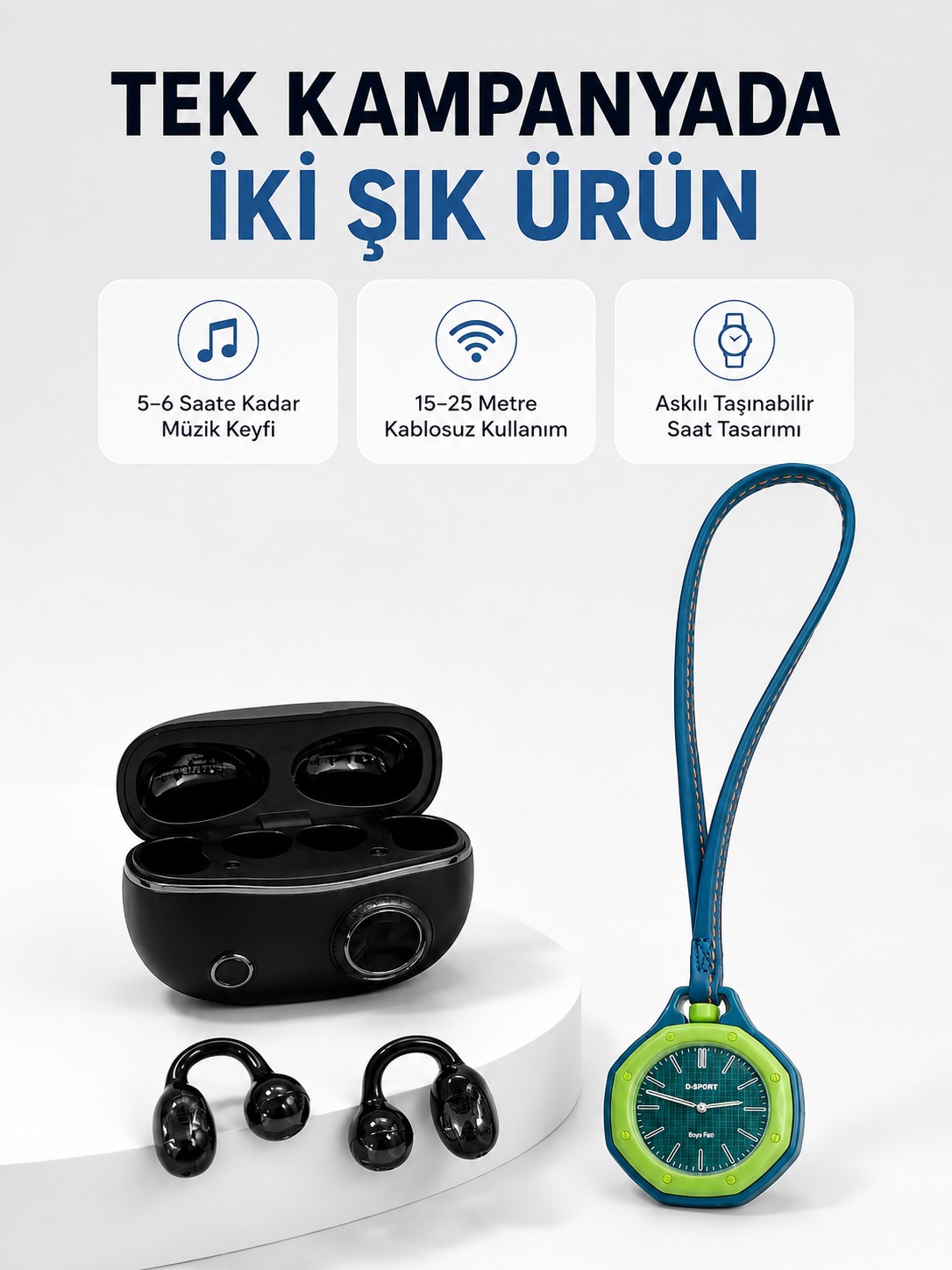 Yeşil Çanta Charm Saat ve Kablosuz Bluetooth Kulaklık İkili Kampanya Seti Günlük Kullanım