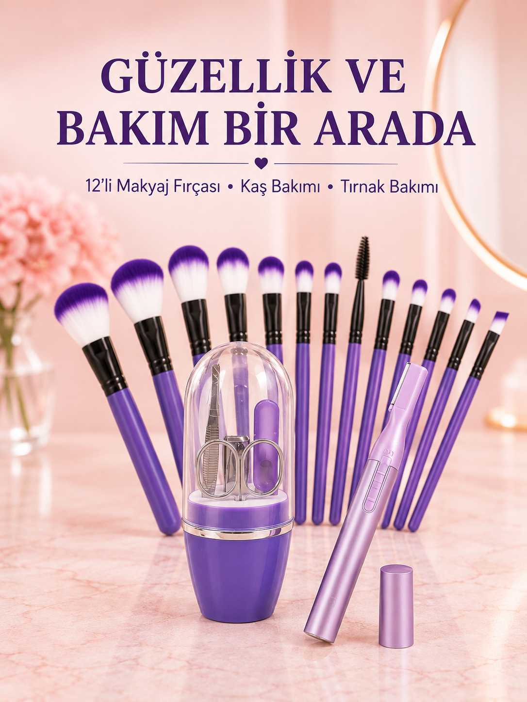 Kadın Makyaj ve Kişisel Bakım Seti 12’li Mor Makyaj Fırçası Kaş Düzeltici ve Manikür Tırnak Bakım Seti