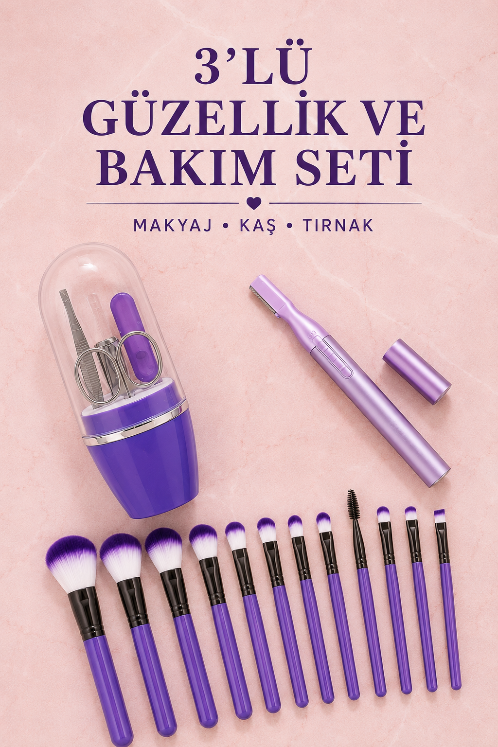 12’li Makyaj Fırça Seti Kaş Düzeltme Cihazı ve Tırnak Bakım Seti 3’lü Kadın Güzellik ve Kişisel Bakım Seti