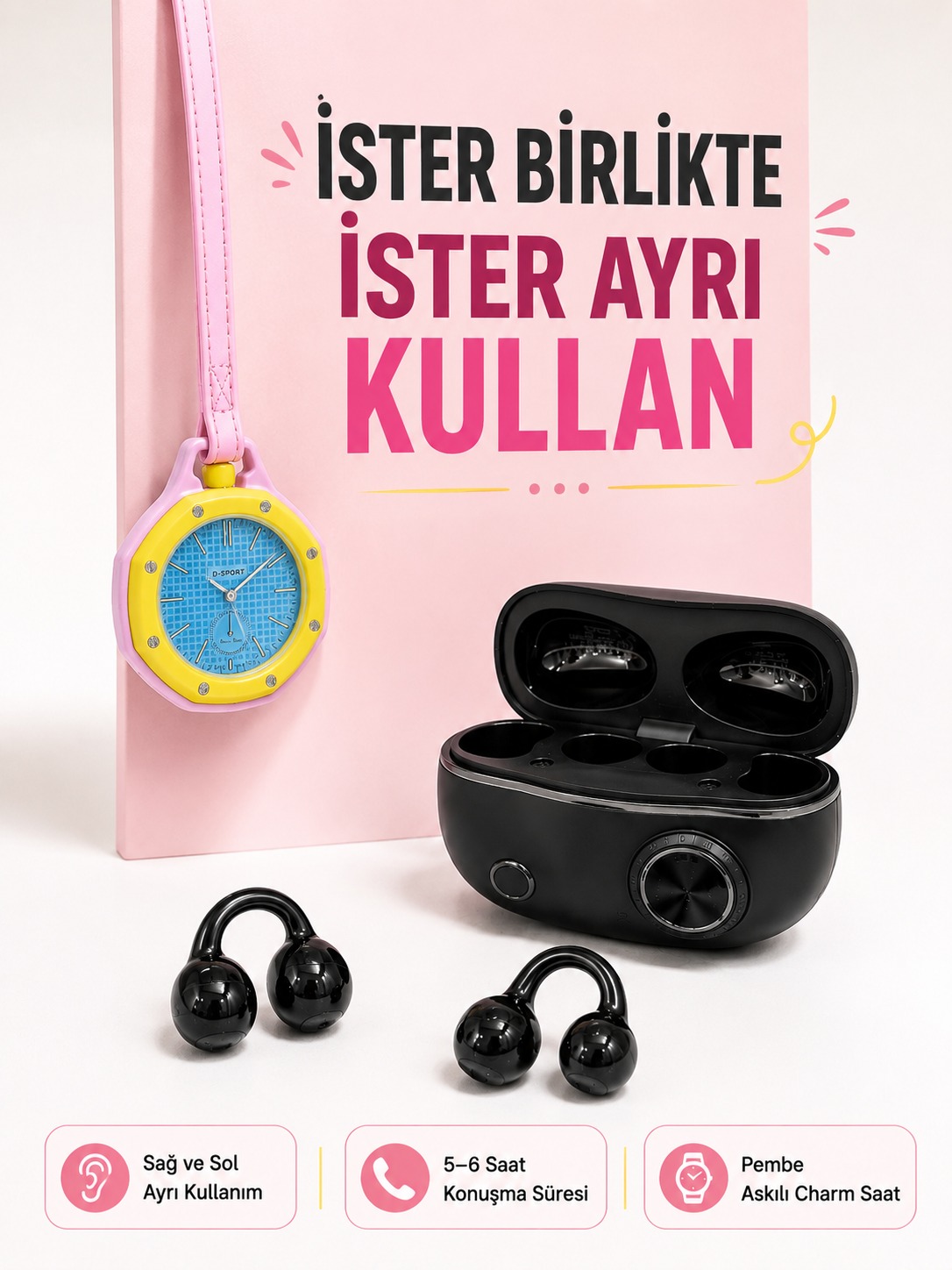 Kablosuz Kulaklık ve Pembe Askılı Çanta Charm Analog Saat Kampanya Seti