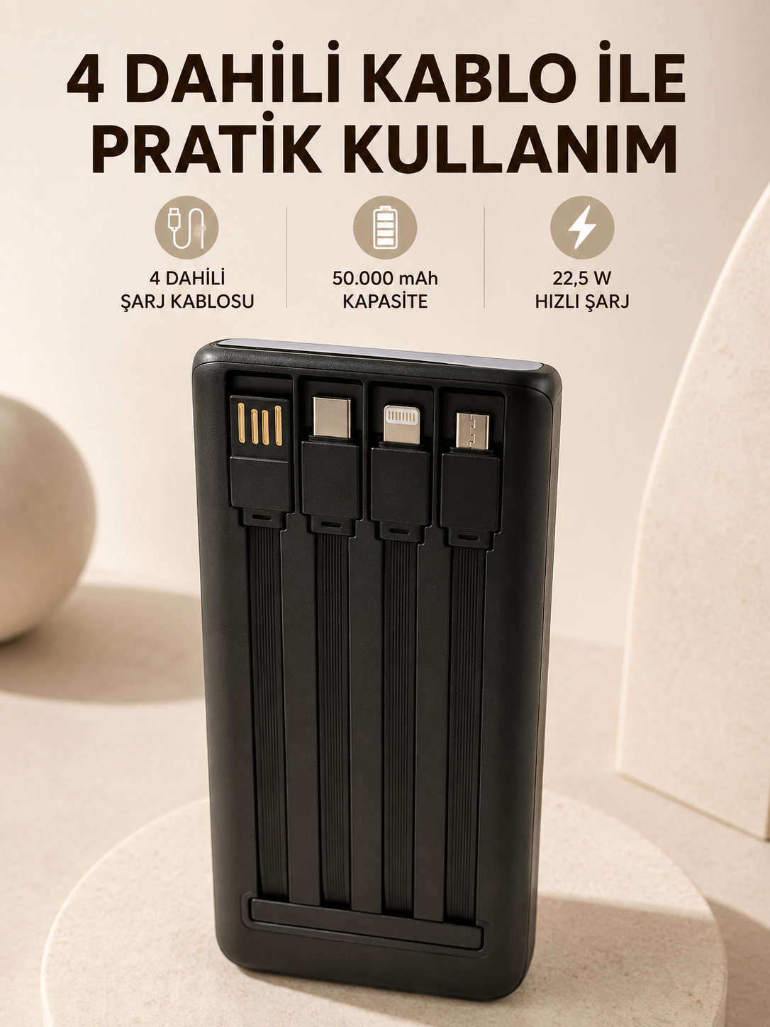 Hızlı Şarj Powerbank 50.000 mAh 4 Dahili Kablolu LED Aydınlatmalı Dijital Göstergeli Taşınabilir Batarya