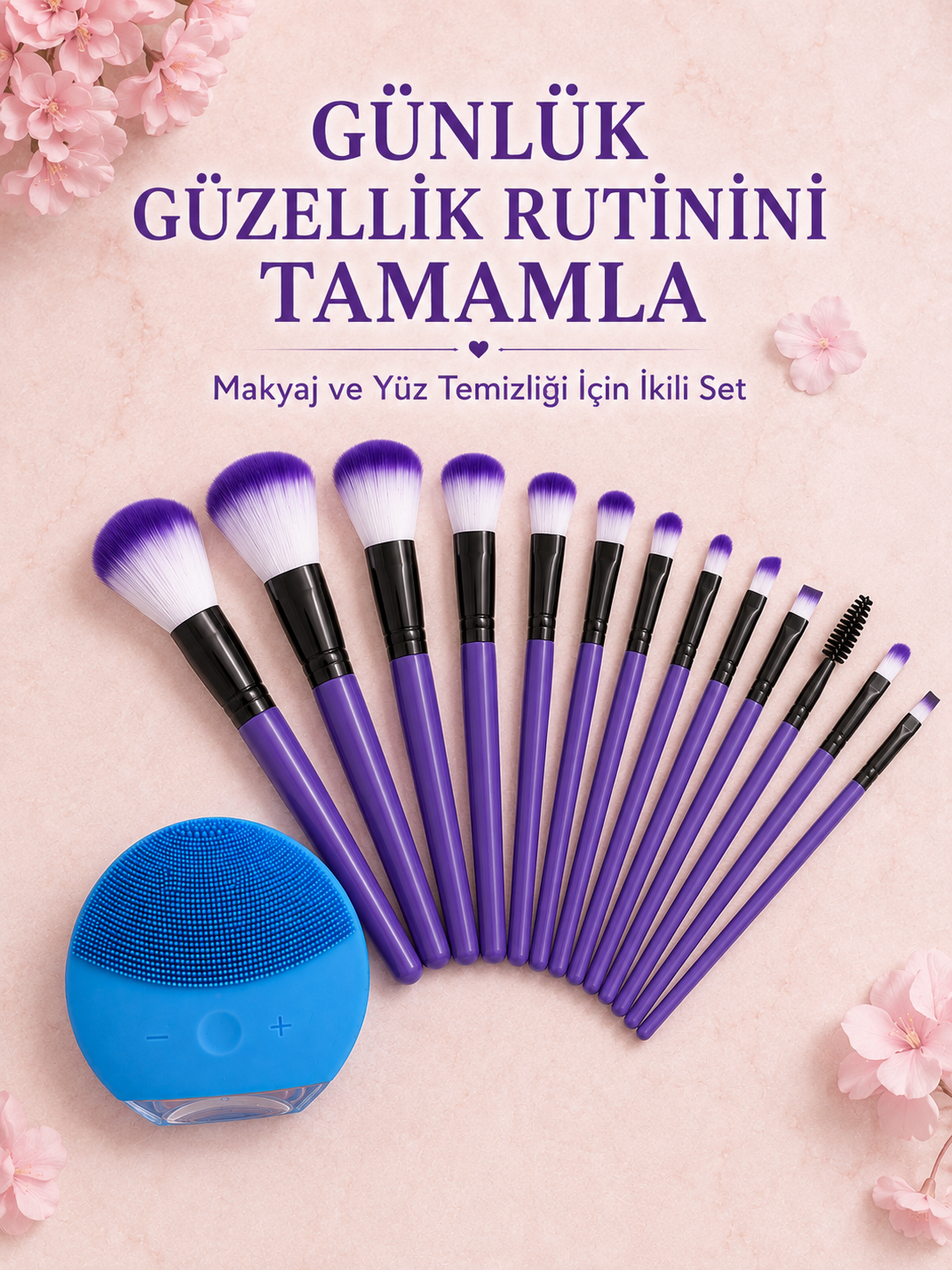 12 Parça Makyaj Fırçası ve Silikon Yüz Temizleyici Cihaz İkili Güzellik ve Kişisel Bakım Seti