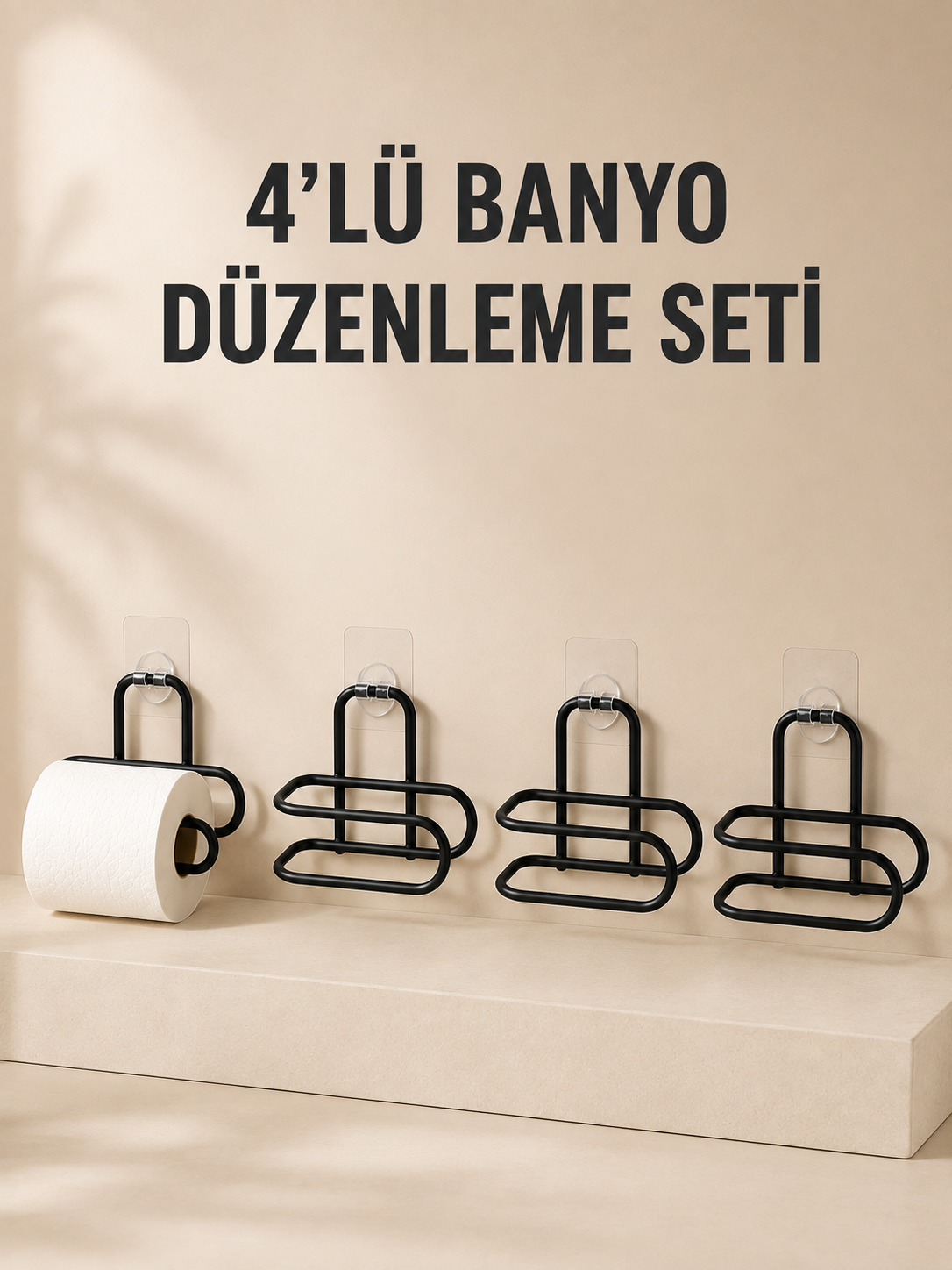 4 Adet Yapışkanlı Tuvalet Kağıdı Askısı Siyah Metal Delmeden Duvara Monte WC Kağıtlık