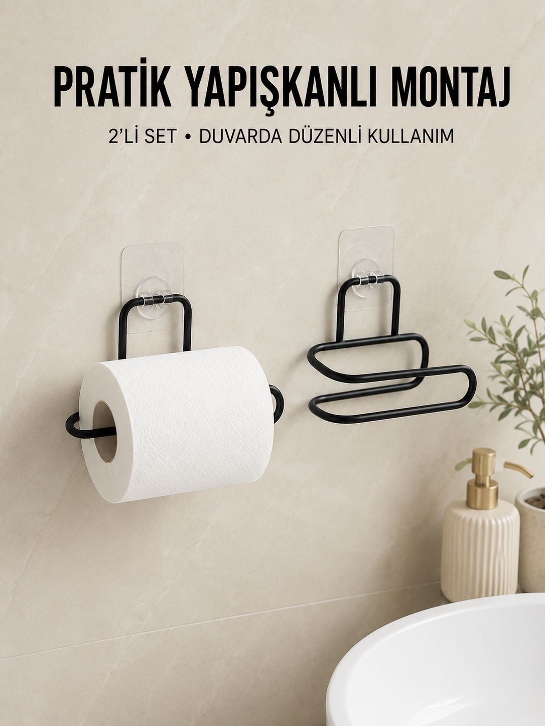 2 Adet Yapışkanlı WC Kağıtlık Siyah Metal Pratik Duvar Tipi Rulo Tutucu
