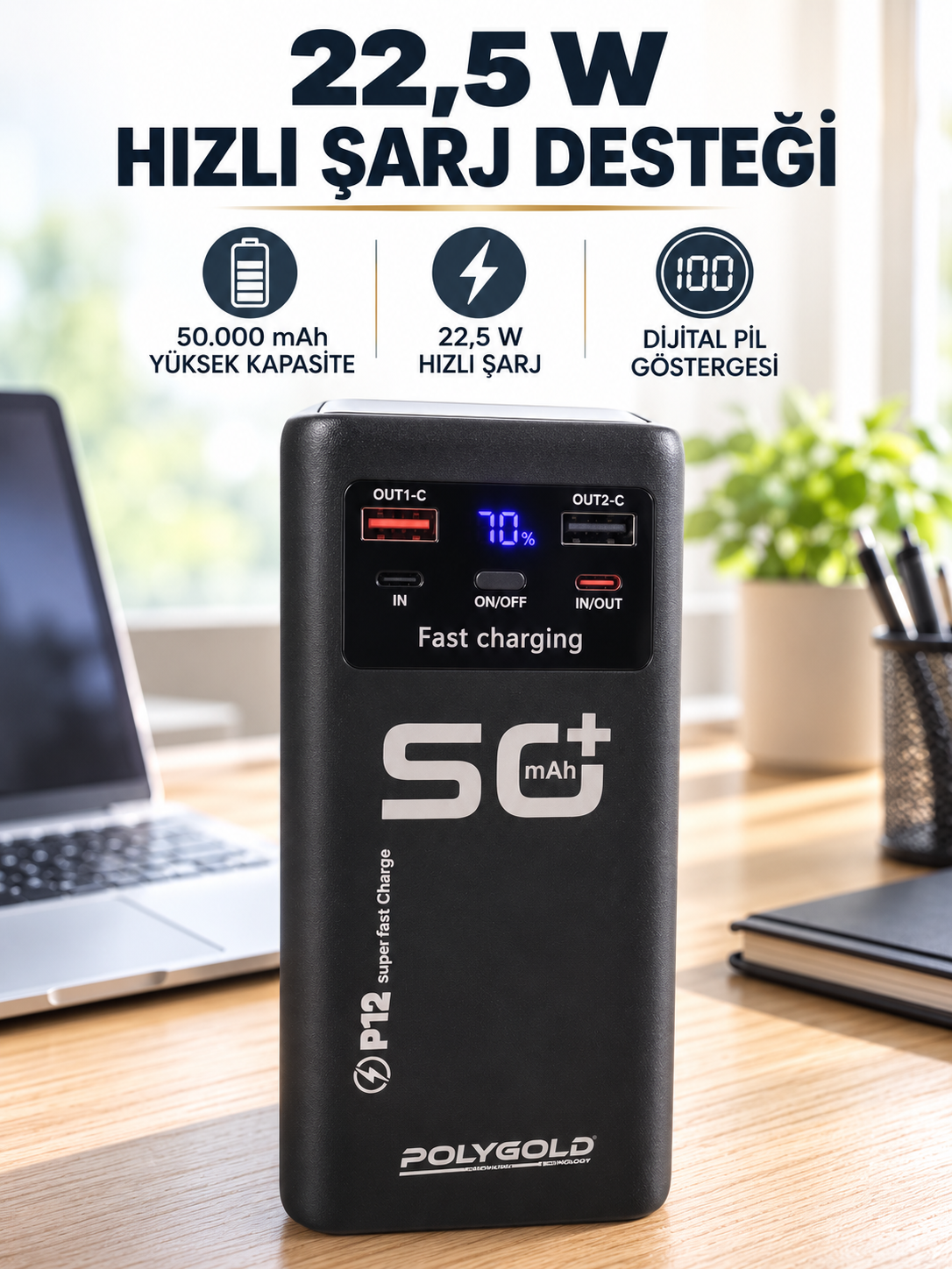 Yüksek Kapasiteli 50.000 mAh Powerbank 22,5 W Hızlı Şarj 4 Dahili Kablo LED Aydınlatma