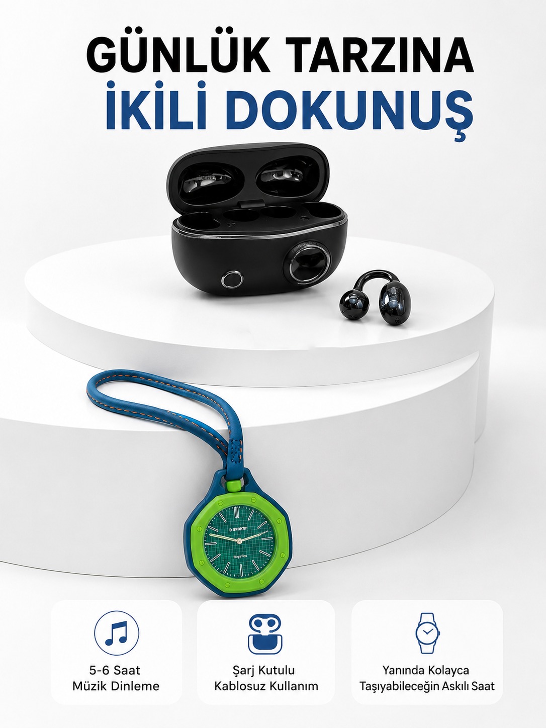 Şarj Kutulu Kablosuz Kulaklık ve Yeşil Askılı Analog Çanta Saati Avantajlı İkili Set