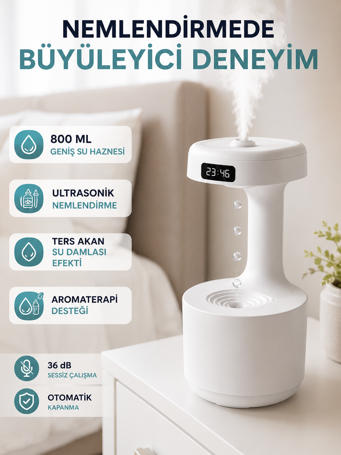 Dekoratif Hava Nemlendirici 800 ml Sessiz Aroma Difüzör Anti Yerçekimi Su Efektli