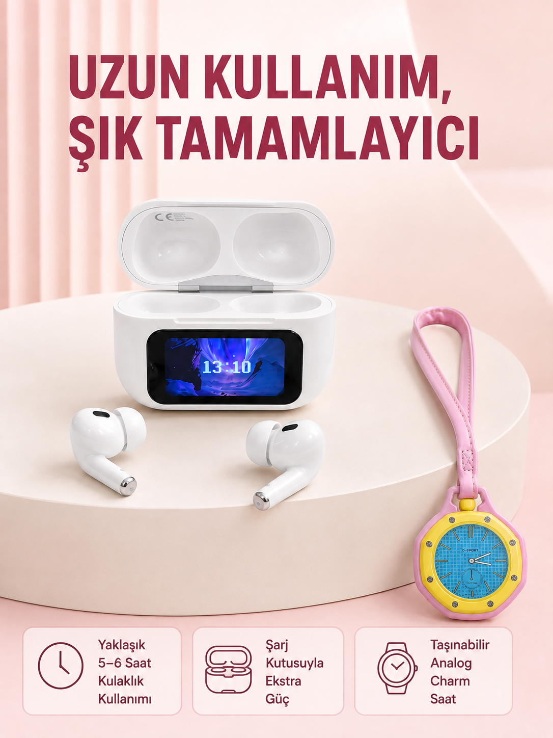 Ekranlı Kablosuz Kulaklık ve Pembe Çanta Charm Saat Kampanya Seti