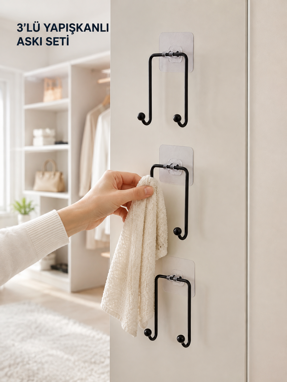 3'lü Duvar Tipi Yapışkanlı Askılık Ev ve Yaşam Alanları İçin Pratik Set
