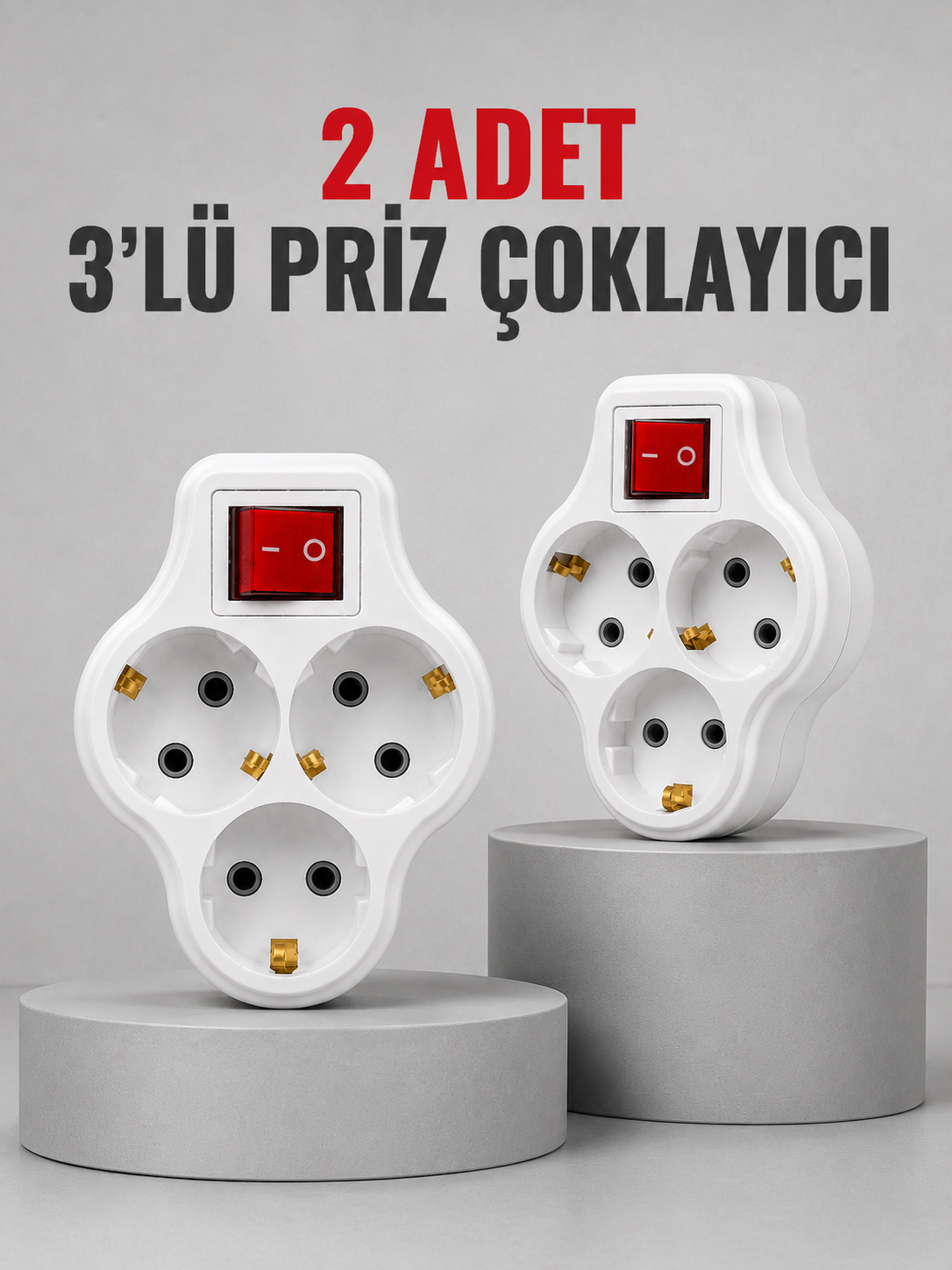 Direkt Duvar Prizine Takılan 3’lü Priz Adaptörü Anahtarlı Priz Çoklayıcı 2 Adet
