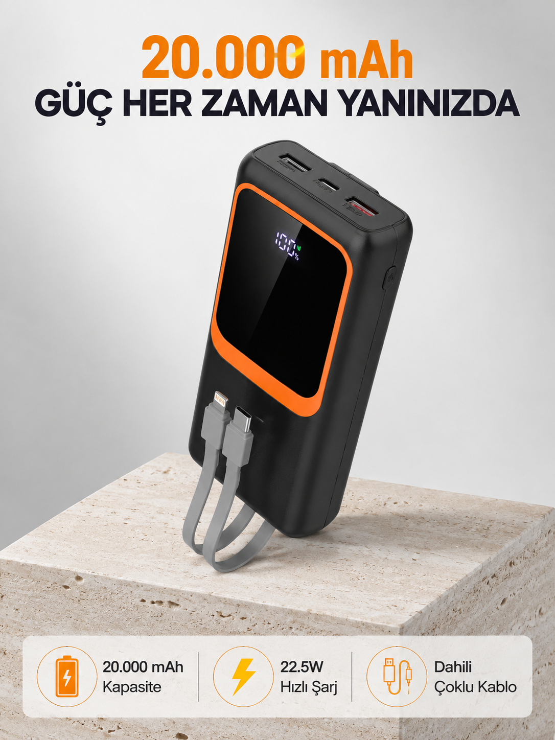 Powerbank 20000 mAh 22.5W Hızlı Şarjlı ve Kompakt Çoklu Kablo Çıkışlı