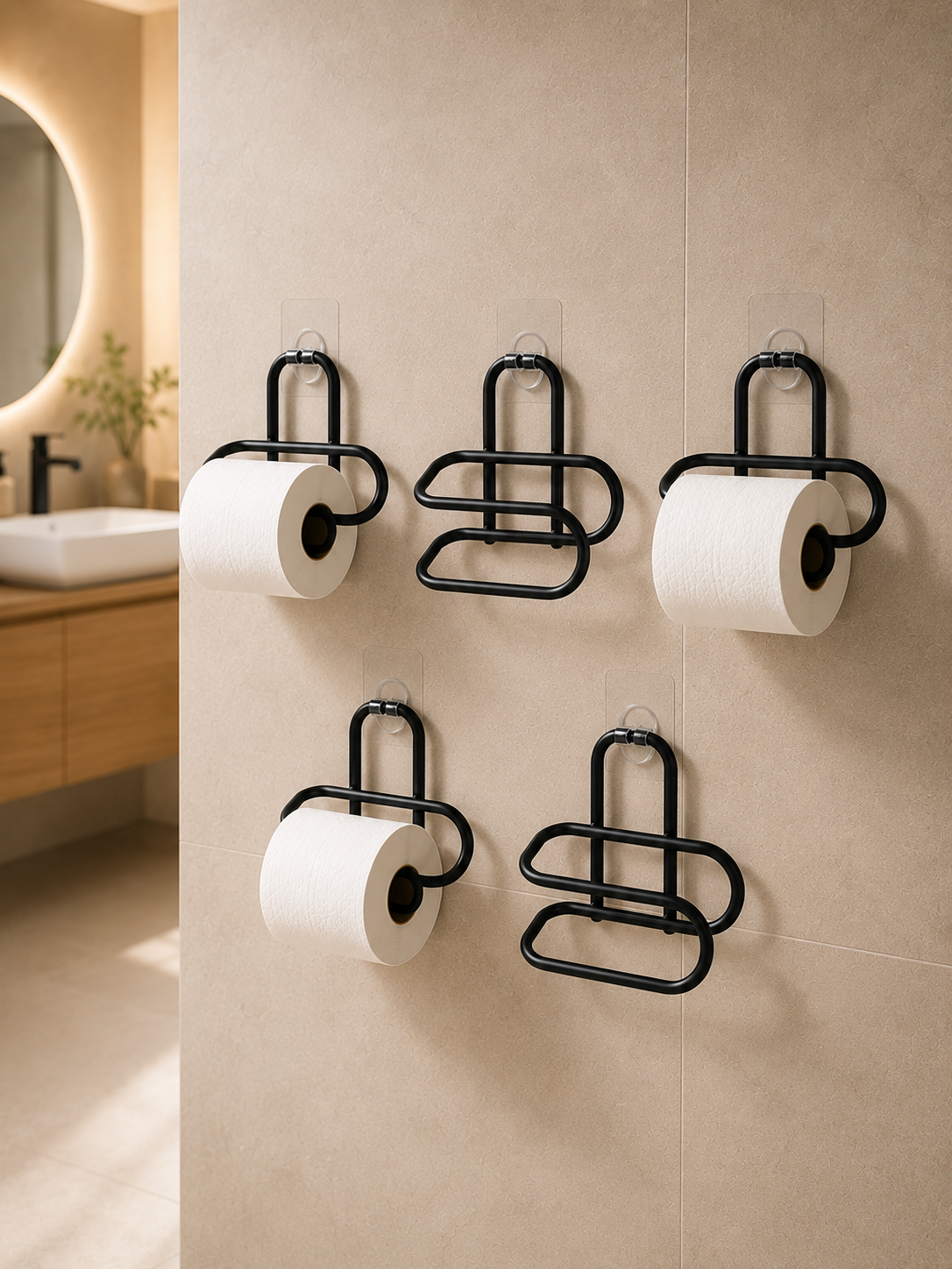 Siyah Metal WC Kağıtlık Yapışkanlı Tuvalet Kağıdı Rulo Tutucu 5 Adet Avantajlı Set