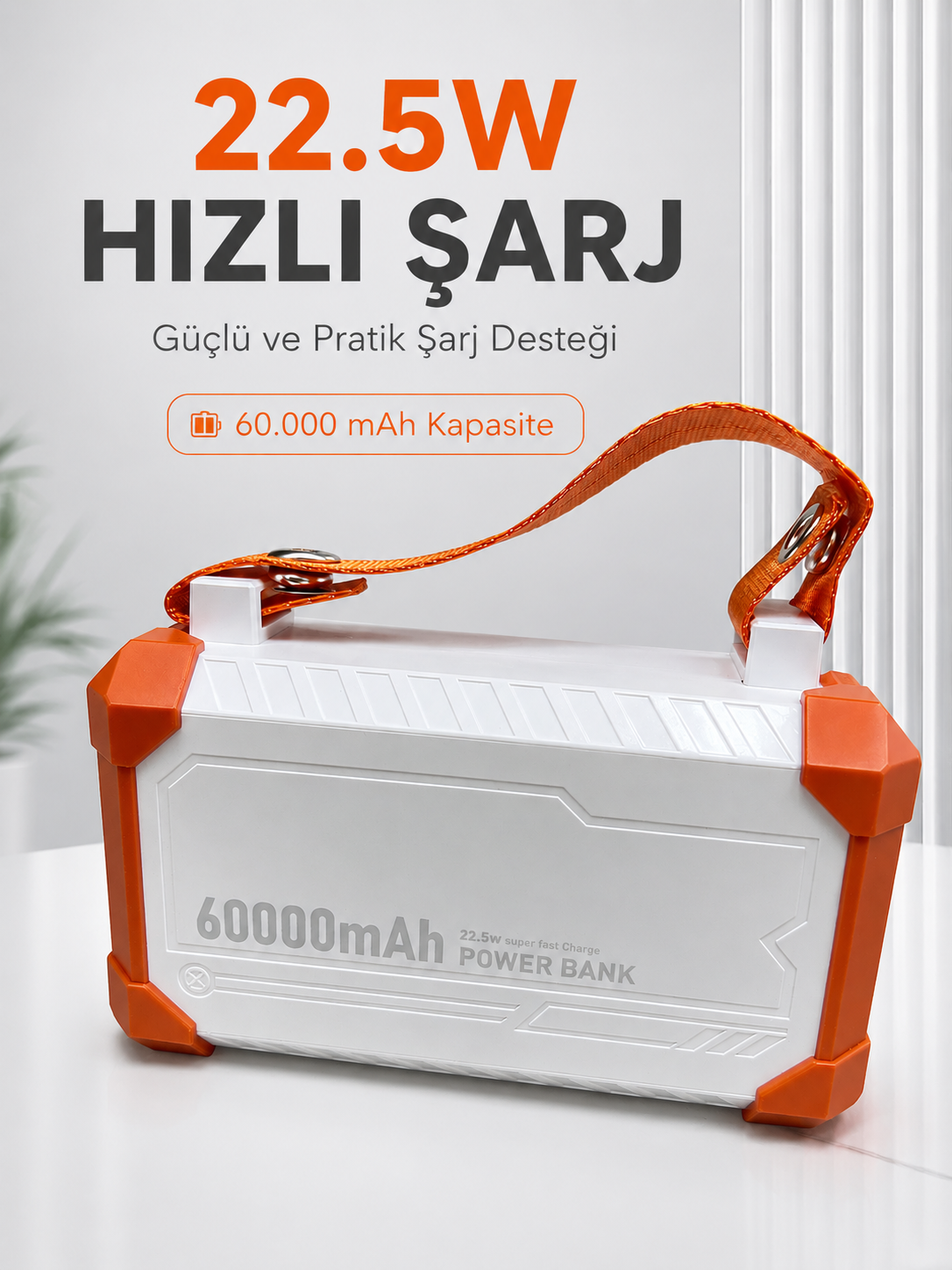 22.5W Hızlı Şarj Destekli 60000 mAh Powerbank 4 Dahili Kablolu Çoklu USB Type-C Çıkışlı Güç Bankası
