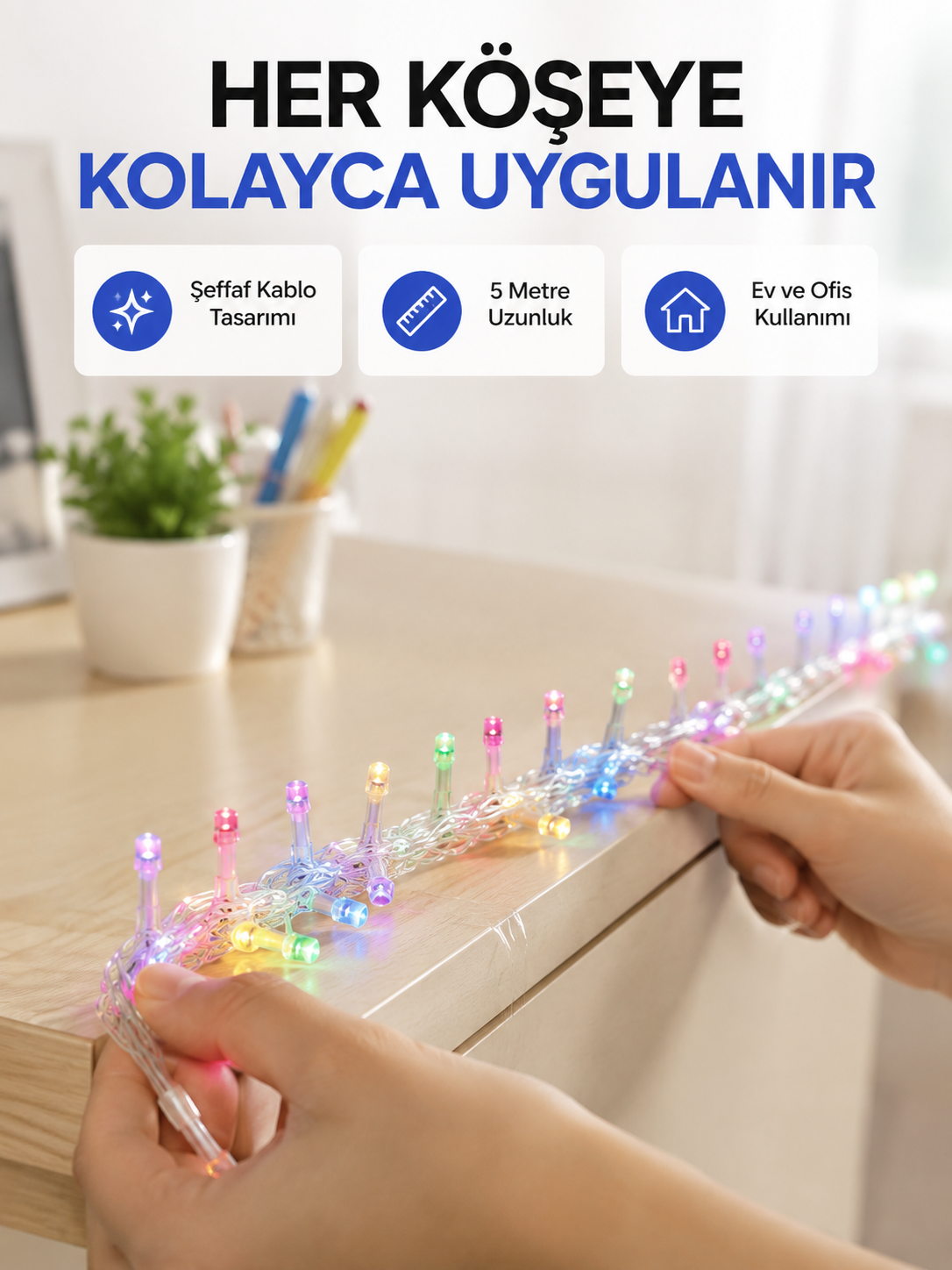 Enerji Tasarruflu Şeffaf Kablo 5 m 50 LED Dekor Işık