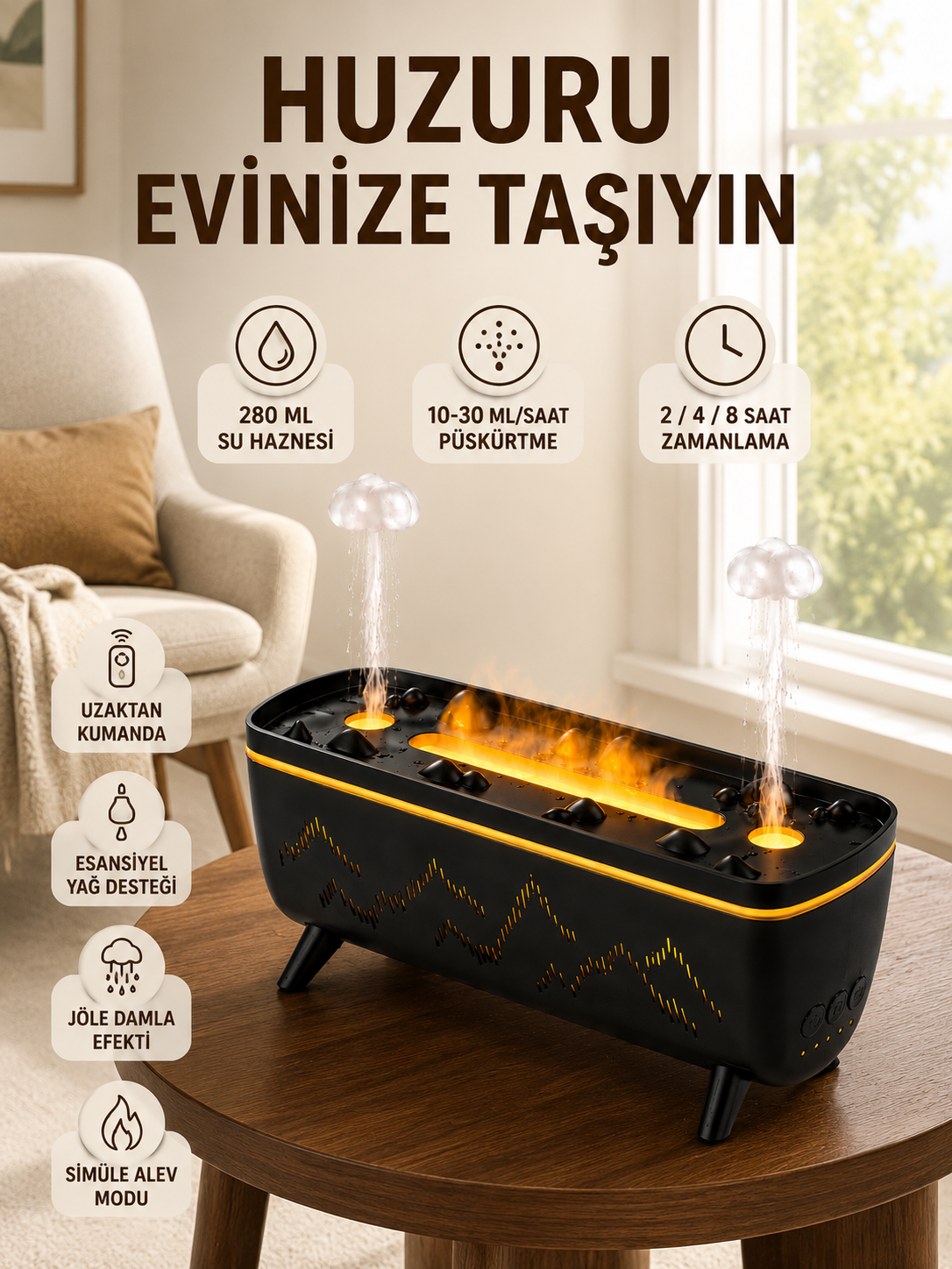 Dekoratif Siyah Hava Nemlendirici Jöle Damla ve Alev Efektli LED Işıklı Aroma Difüzörü
