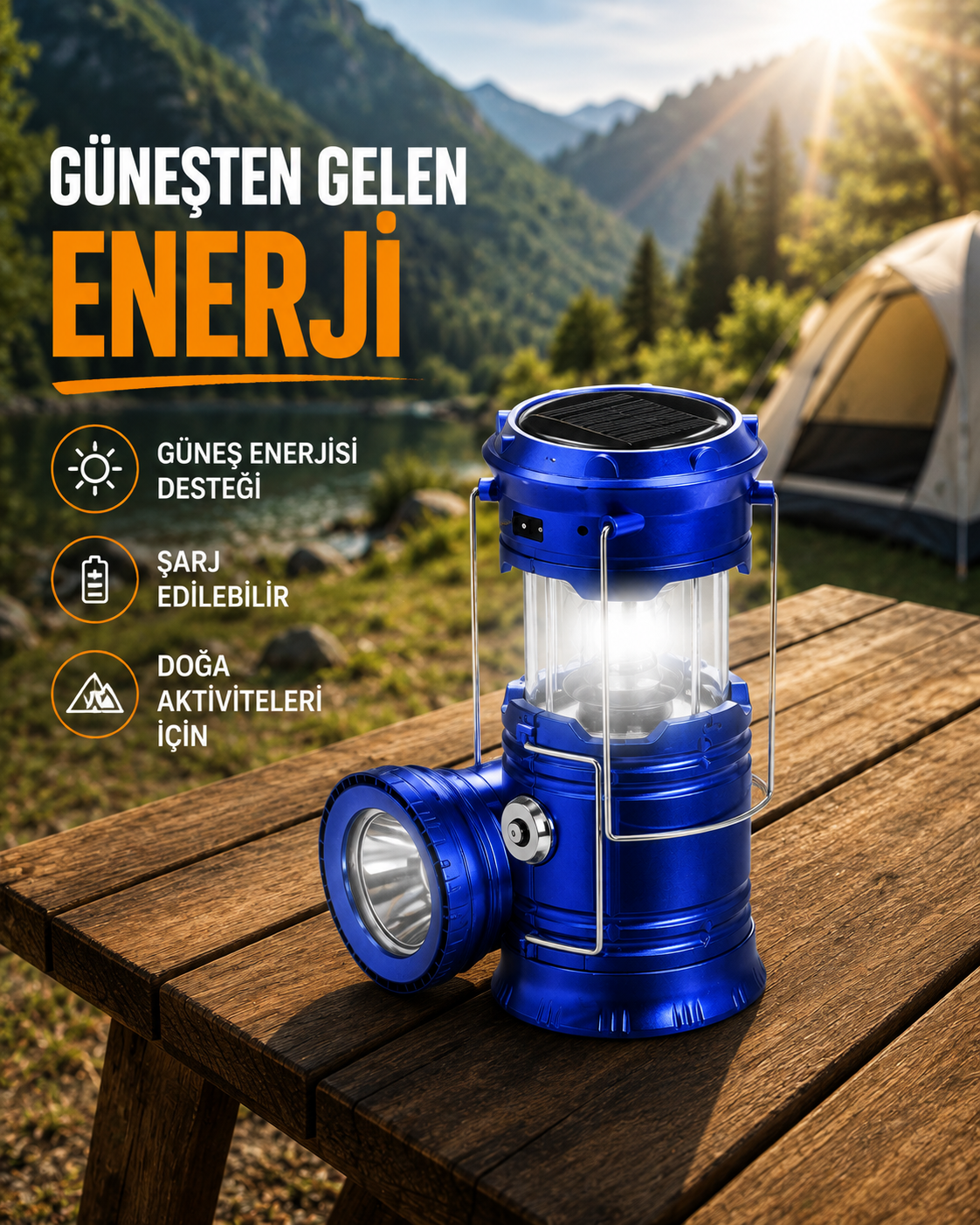 Katlanabilir USB Çıkışlı Kamp Feneri – Şarj Edilebilir, Dayanıklı ve Çok Fonksiyonlu
