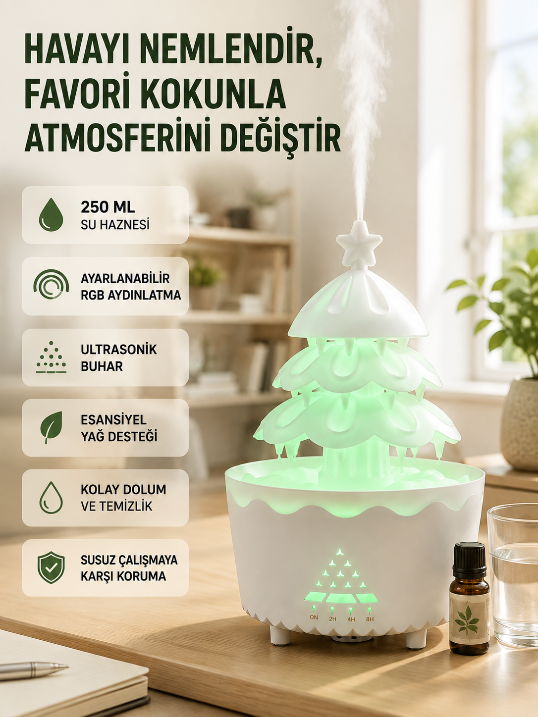 Dekoratif Şans Ağacı Ultrasonik Nemlendirici RGB Gece Lambalı Aroma Difüzörü