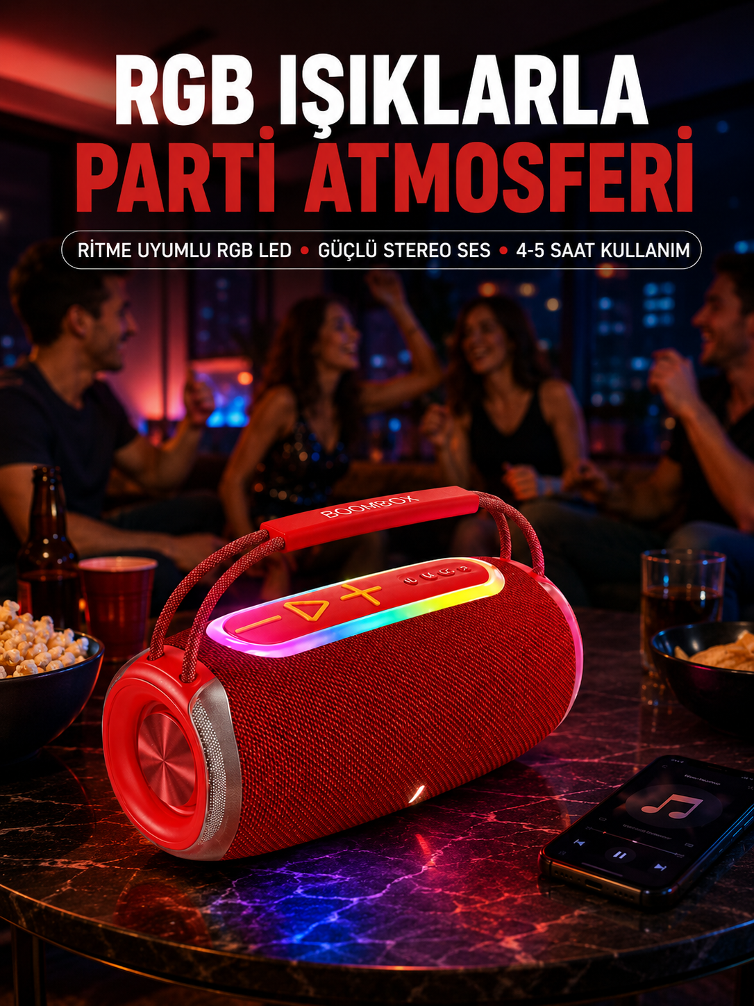 20W Güçlü Ses Çift Sürücülü RGB LED Işıklı Bluetooth 5.3 Hoparlör