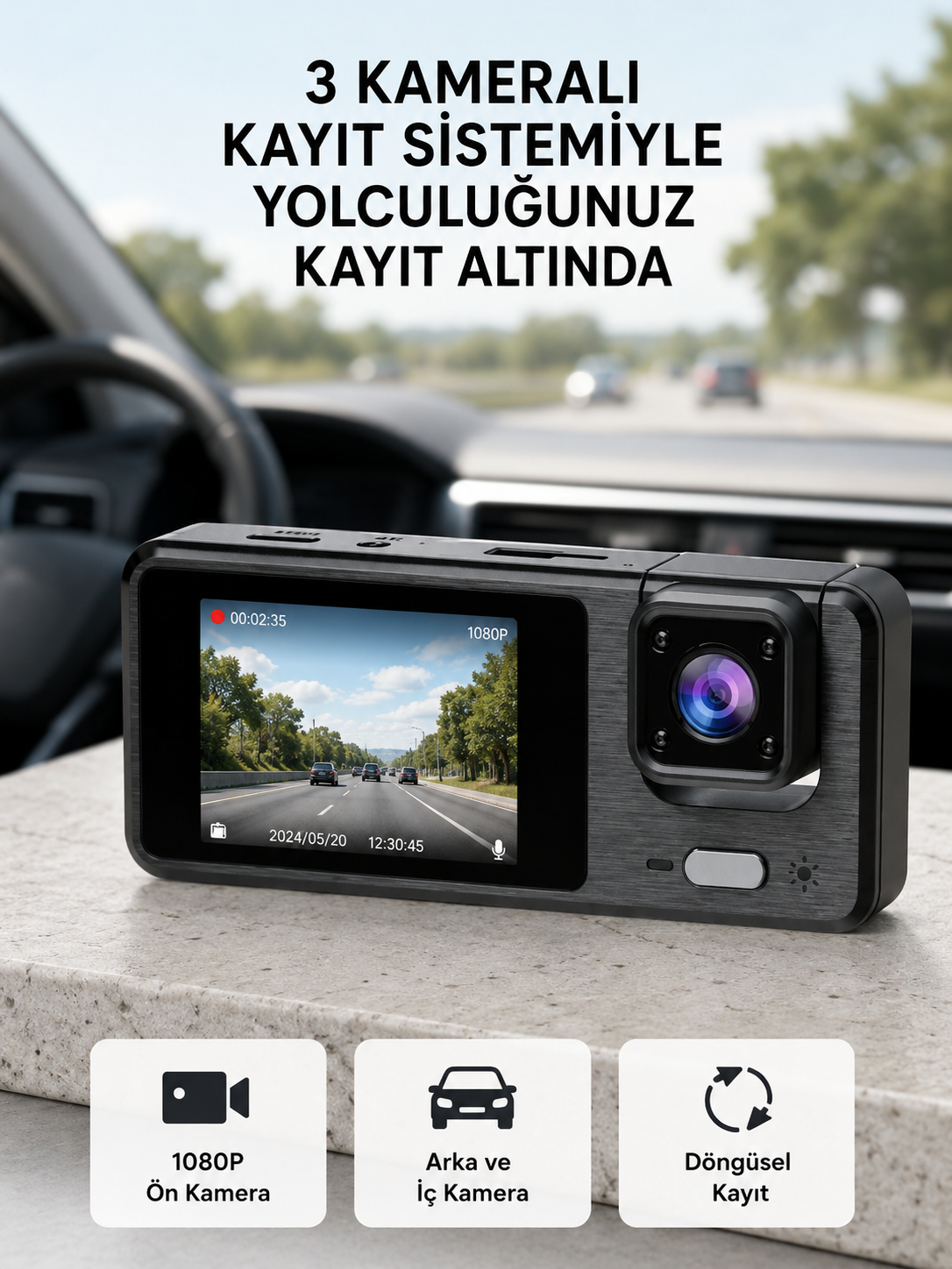 Park Modlu 3 Kameralı Araç Kayıt Cihazı 1080P Ön Kamera 2’’ Ekran
