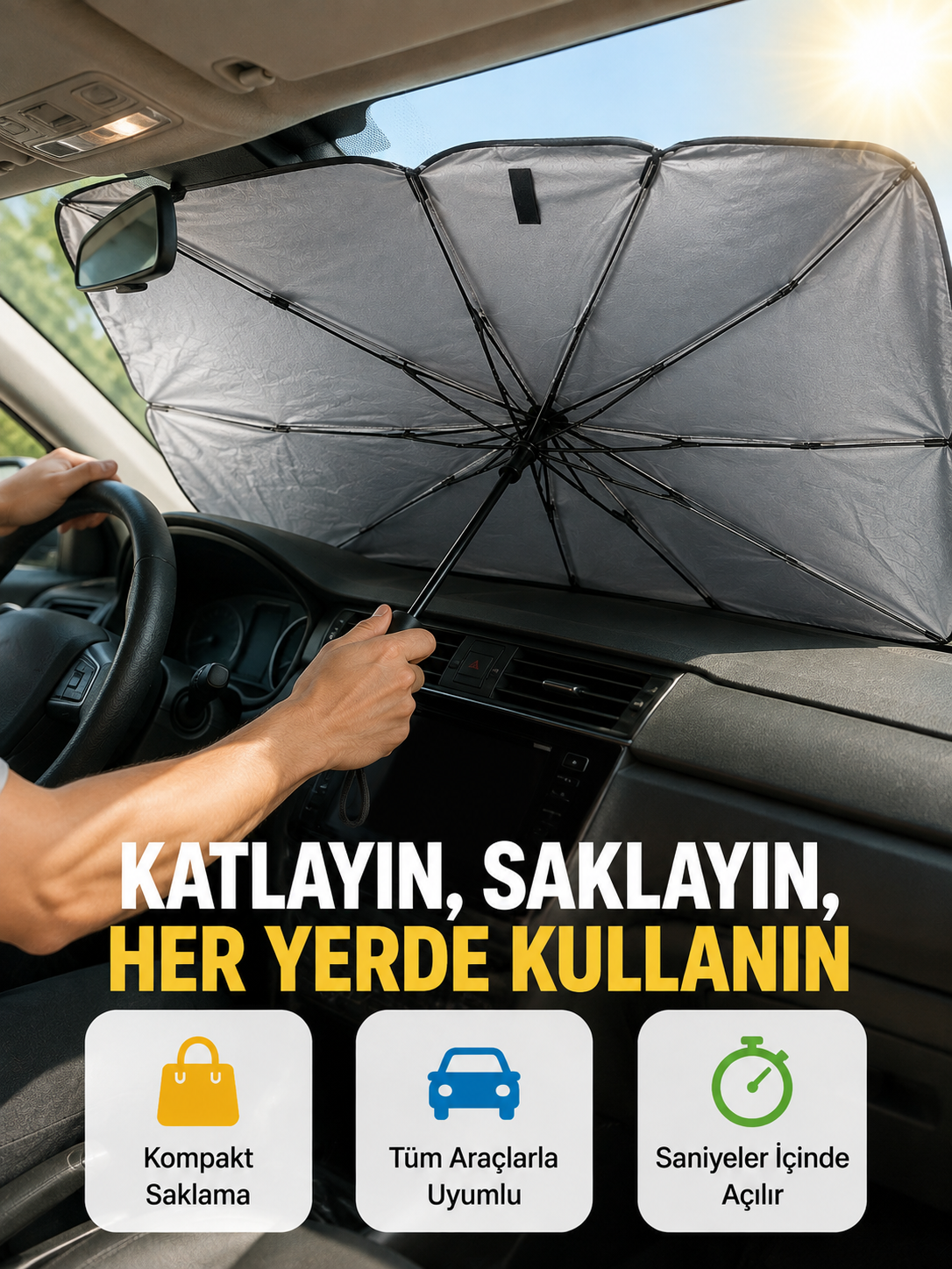 Dayanıklı UPE Alaşımlı Şemsiye Tipi Araç Güneşliği - Kolay Katlanır Yeni Nesil