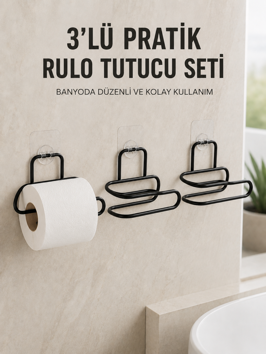 3’lü Yapışkanlı Tuvalet Kağıdı Tutucu Seti Siyah Duvar Tipi Rulo Kağıtlık
