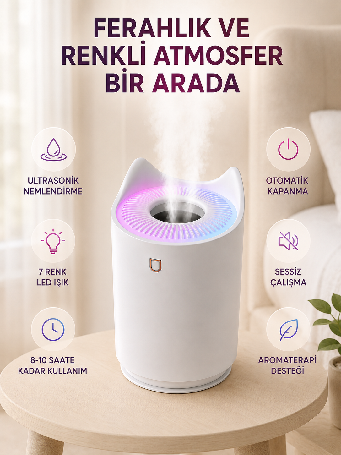 Hava Nemlendirici Buhar Makinesi Aromaterapi LED Işıklı Oda Nemlendirici