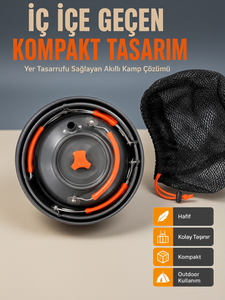Kompakt Kamp Yemek Seti Alüminyum Tencere Tava Çaydanlık Taşıma Fileli Outdoor Set
