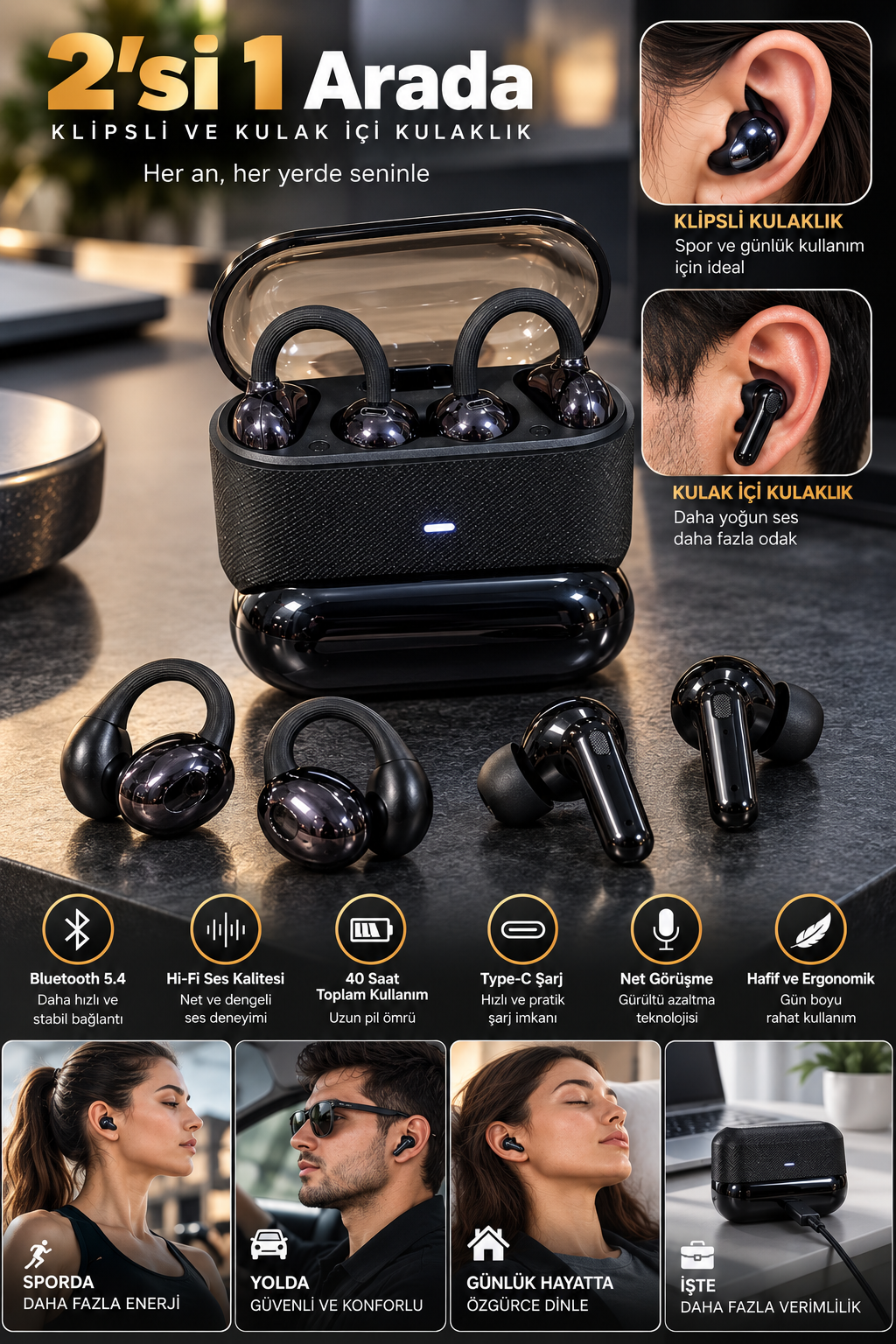 2’si 1 Arada Kablosuz Bluetooth Kulaklık 4 Kulaklıklı Klipsli ve Kulak İçi Tasarım Hi Fi Ses Dokunmatik Kontrol V5.4 Şarj Kutulu Siyah