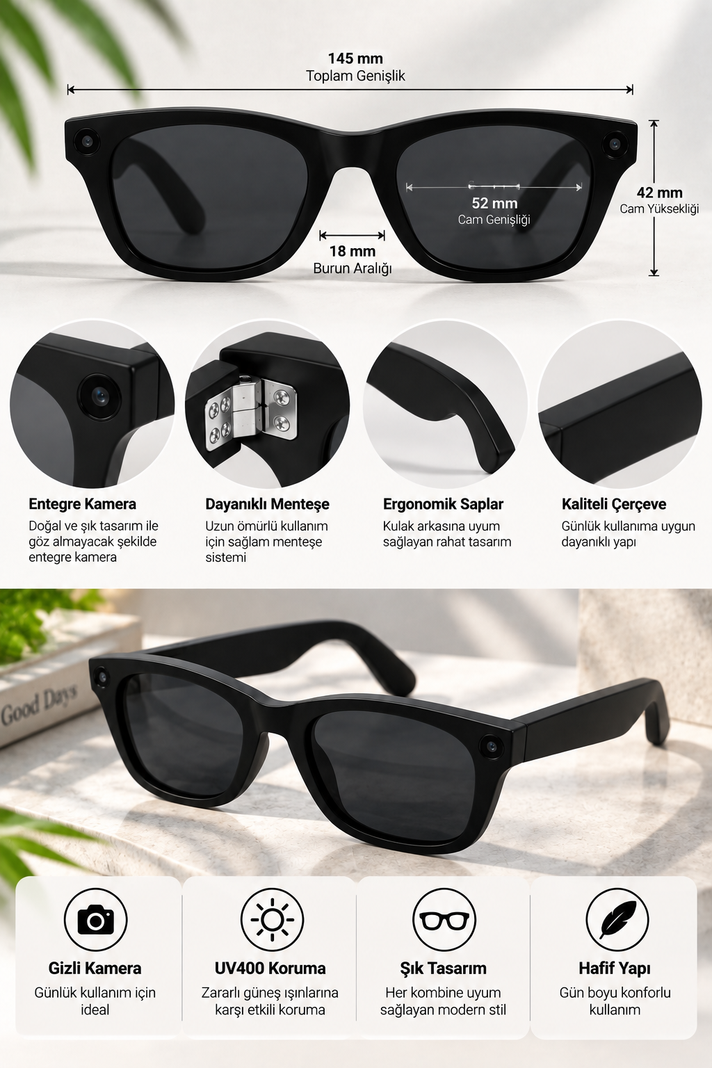 Kameralı Akıllı Güneş Gözlüğü Smart Glasses Anı Kaydetme