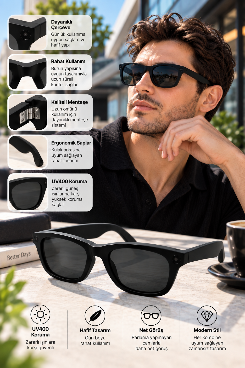 Kameralı Akıllı Güneş Gözlüğü Smart Glasses Siyah Şık Tasarım
