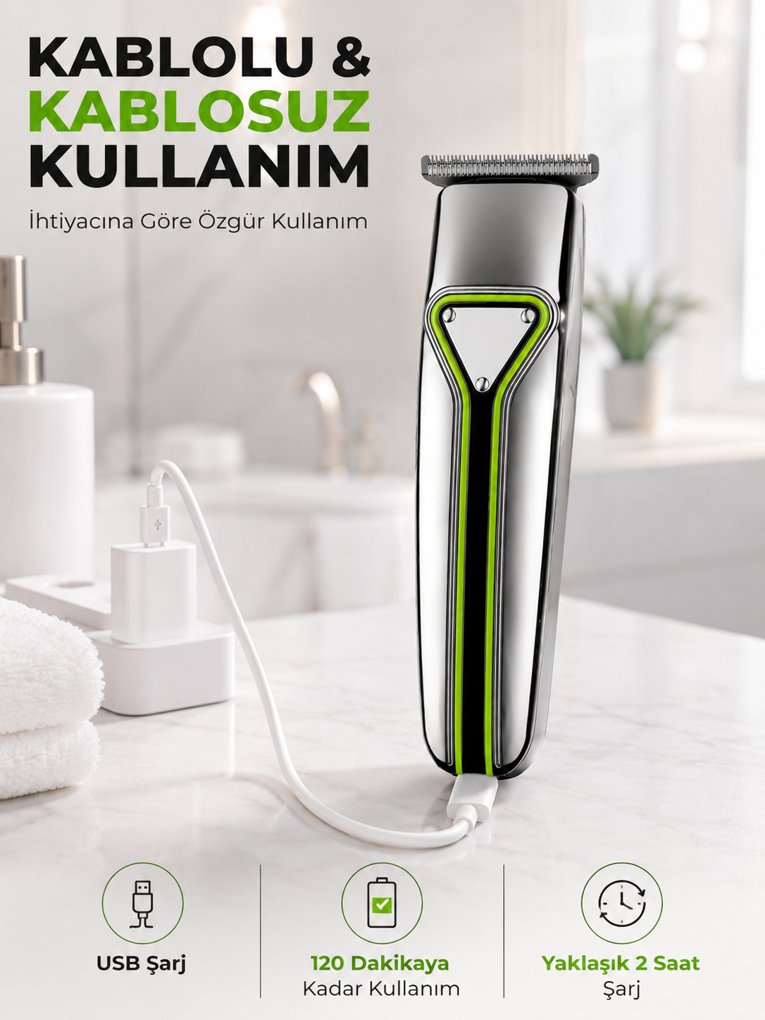 T Bıçaklı Saç Sakal Kesme Makinesi Şarjlı Kablosuz Ense Favori Şekillendirme Tıraş Makinesi