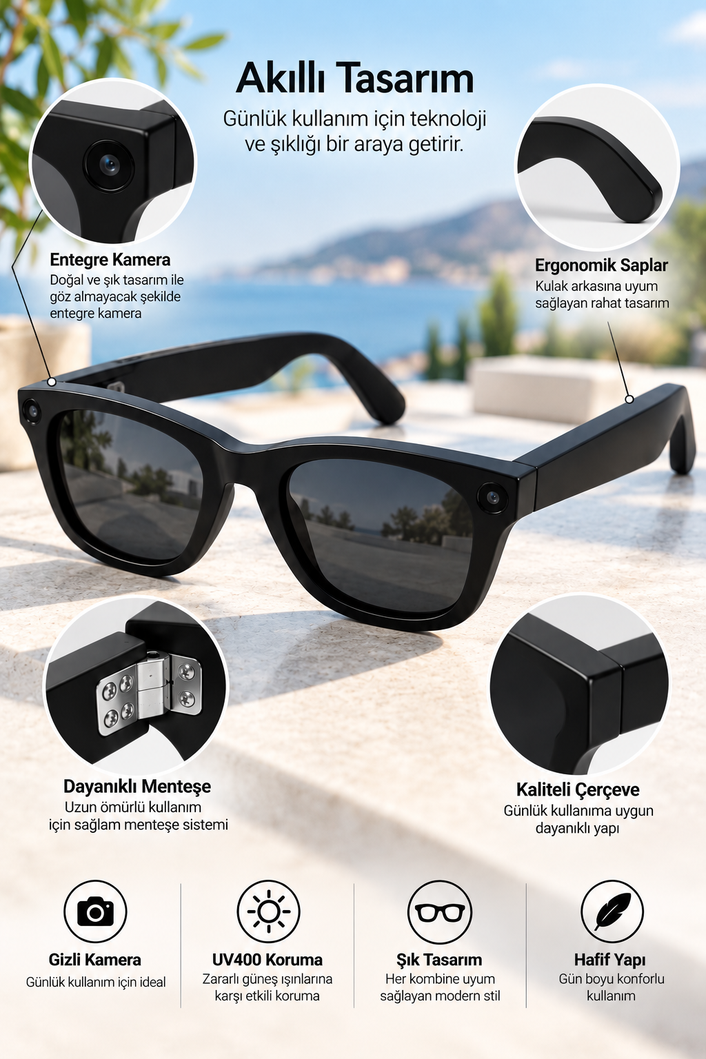 Kameralı Akıllı Güneş Gözlüğü Smart Glasses Anı Kaydetme